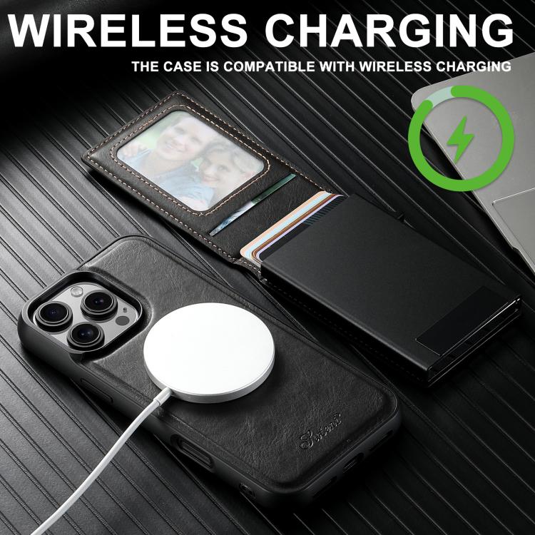 For iPhone 16e Suteni H19 Oil Wax 2-in-1 MagSafe Removable Card Box Back Phone Case(Black) by Suteni