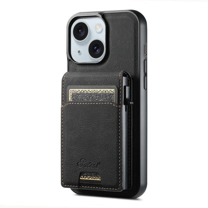For iPhone 15 Suteni H19 Litchi Grain 2-in-1 MagSafe Removable Card Box Back Phone Case(Black) by Suteni