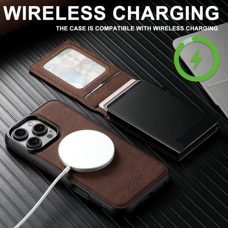 For iPhone 16e Suteni H19 Litchi Grain 2-in-1 MagSafe Removable Card Box Back Phone Case(Brown) by Suteni
