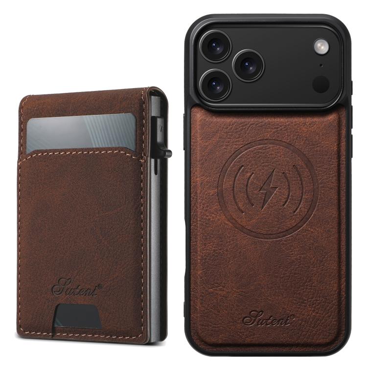 For iPhone 17 Pro Max Suteni H19 Litchi Grain 2-in-1 MagSafe Removable Card Box Back Phone Case(Brown) by Suteni