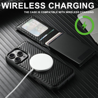 For iPhone 14 Pro Max Suteni H19 Carbon Fiber Grain 2-in-1 MagSafe Removable Card Box Back Phone Case(Black) by Suteni