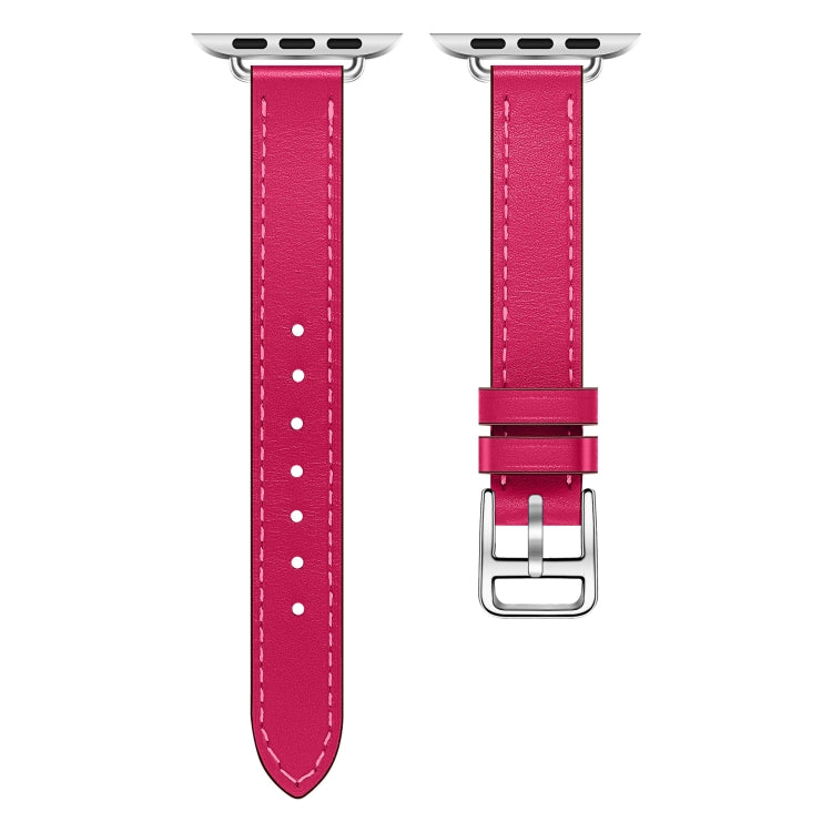 For Apple Watch 46mm / 49mm / 45mm / 44mm Classic Connector Buckle Slim Cow Real Leather Watch Band(Rose Red) by bashfashion