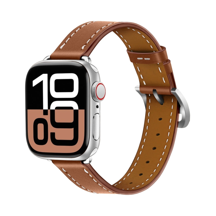 For Apple Watch 46mm / 49mm / 45mm / 44mm Classic Connector Buckle Slim Cow Real Leather Watch Band(Light Brown) by bashfashion
