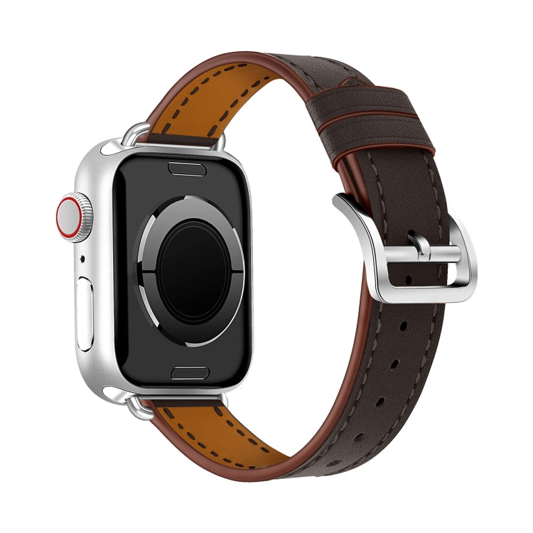 For Apple Watch 46mm / 49mm / 45mm / 44mm Classic Connector Buckle Slim Cow Real Leather Watch Band(Dark Brown) by bashfashion