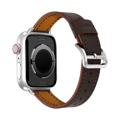 For Apple Watch 46mm / 49mm / 45mm / 44mm Classic Connector Buckle Slim Cow Real Leather Watch Band(Dark Brown) by bashfashion