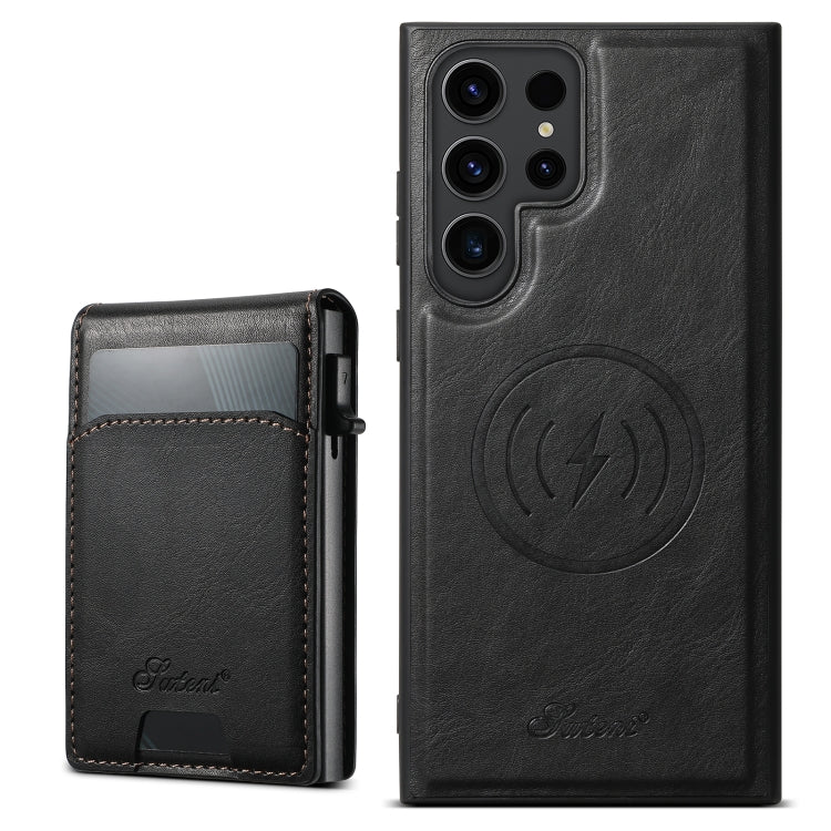 For Samsung Galaxy S22 Ultra 5G Suteni H19 Oil Wax 2-in-1 MagSafe Removable Card Box Back Phone Case(Black) by Suteni