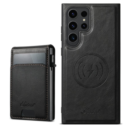 For Samsung Galaxy S22 Ultra 5G Suteni H19 Oil Wax 2-in-1 MagSafe Removable Card Box Back Phone Case(Black) by Suteni