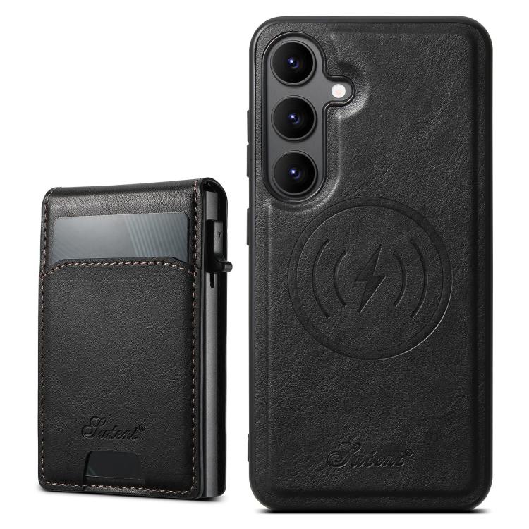 For Samsung Galaxy S25 5G Suteni H19 Oil Wax 2-in-1 MagSafe Removable Card Box Back Phone Case(Black) by Suteni