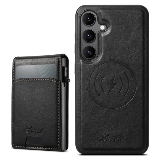 For Samsung Galaxy S25 5G Suteni H19 Oil Wax 2-in-1 MagSafe Removable Card Box Back Phone Case(Black) by Suteni