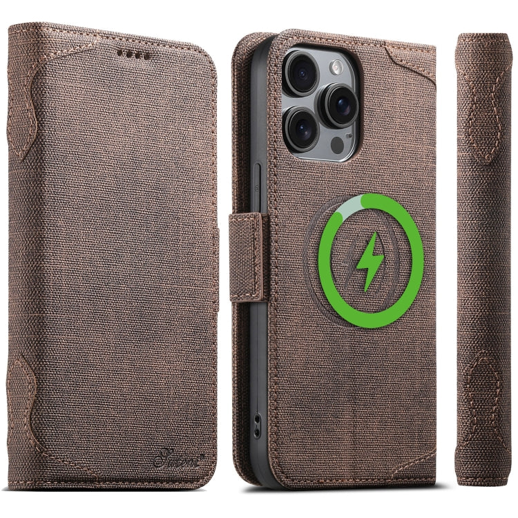 For iPhone 15 Pro Max Suteni J07 Multi-functional Horizontal MagSafe Denim Leather Phone Case(Brown) by Suteni