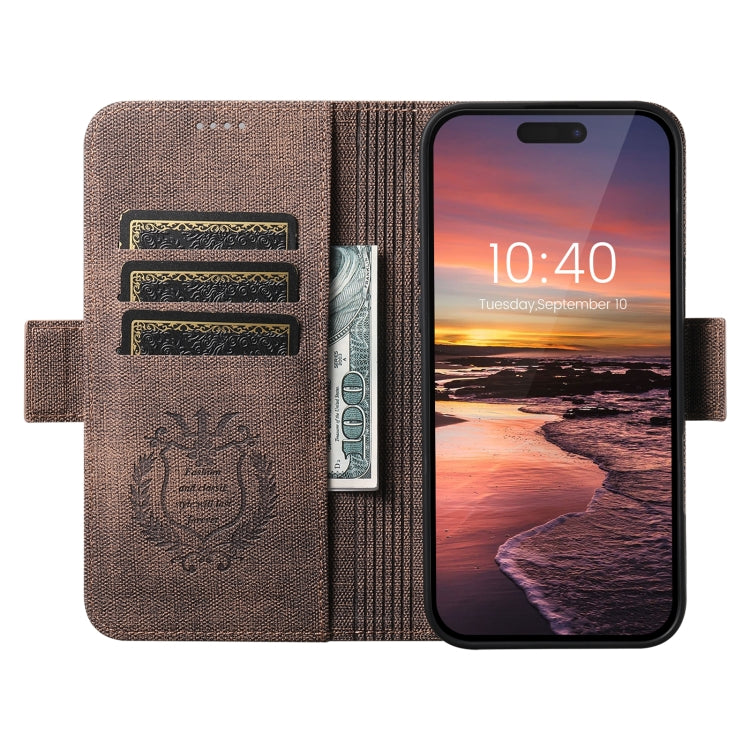 For iPhone 15 Pro Max Suteni J07 Multi-functional Horizontal MagSafe Denim Leather Phone Case(Brown) by Suteni