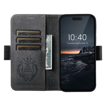 For iPhone 15 Plus Suteni J07 Multi-functional Horizontal MagSafe Denim Leather Phone Case(Black) by Suteni