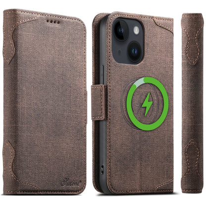 For iPhone 15 Plus Suteni J07 Multi-functional Horizontal MagSafe Denim Leather Phone Case(Brown) by Suteni