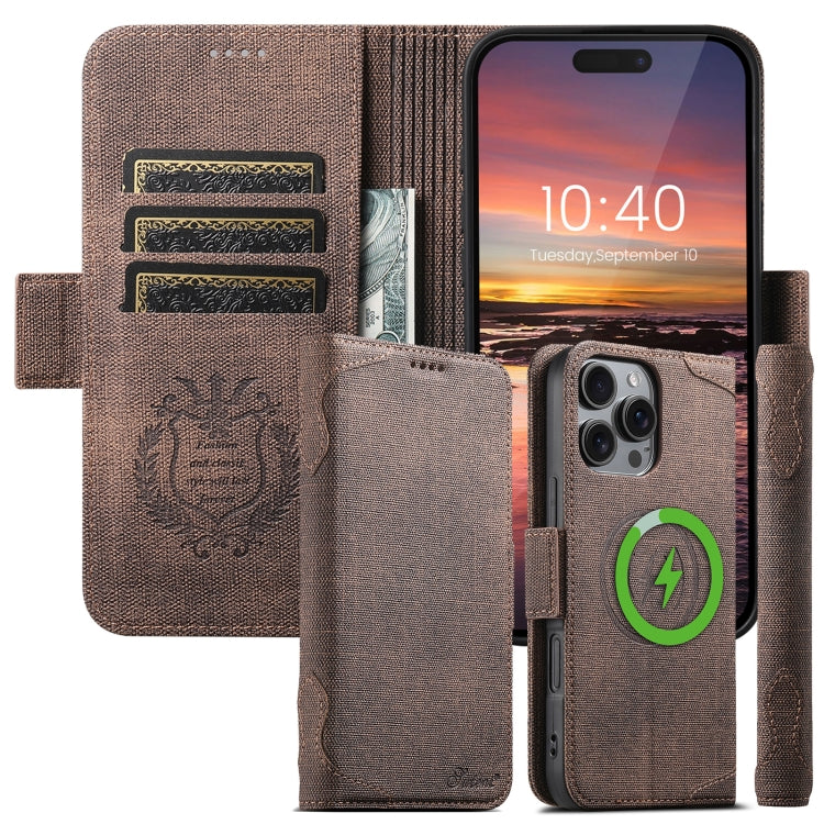 For iPhone 15 Pro Max Suteni J07 Multi-functional Horizontal MagSafe Denim Leather Phone Case(Brown) by Suteni