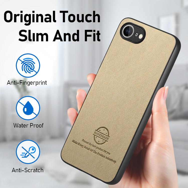 For iPhone 16e Twill Fabric Leather Skin Back Phone Case(Khaki) by bashfashion