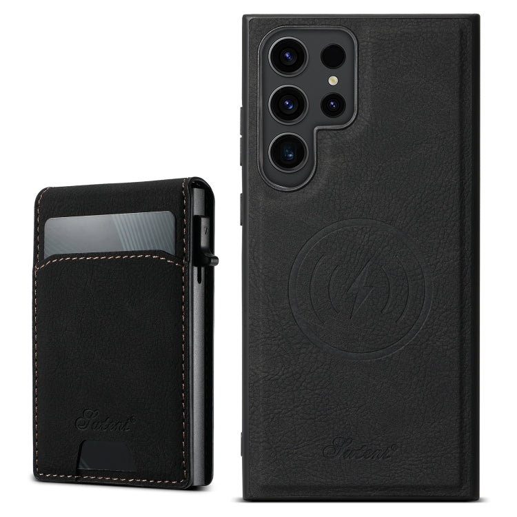 For Samsung Galaxy S22 Ultra 5G Suteni H19 Litchi Texture 2-in-1 MagSafe Removable Card Case Back Phone Case(Black) by Suteni