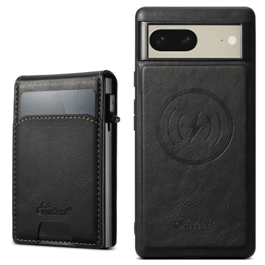 For Google Pixel 7 Suteni H19 Oil Wax 2-in-1 MagSafe Removable Card Box Back Phone Case(Black) by Suteni