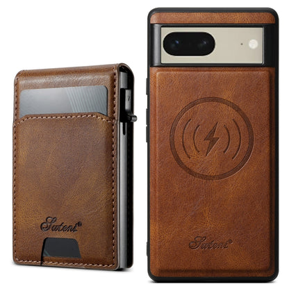For Google Pixel 7 Suteni H19 Oil Wax 2-in-1 MagSafe Removable Card Box Back Phone Case(Brown) by Suteni