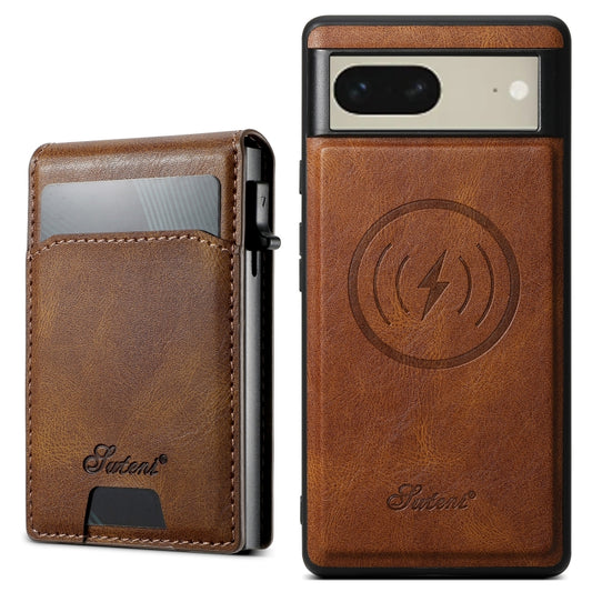 For Google Pixel 7 Suteni H19 Oil Wax 2-in-1 MagSafe Removable Card Box Back Phone Case(Brown) by Suteni