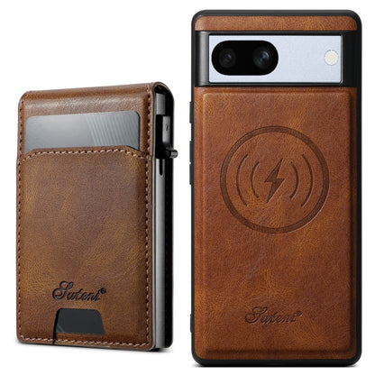 For Google Pixel 7a Suteni H19 Oil Wax 2-in-1 MagSafe Removable Card Box Back Phone Case(Brown) by Suteni