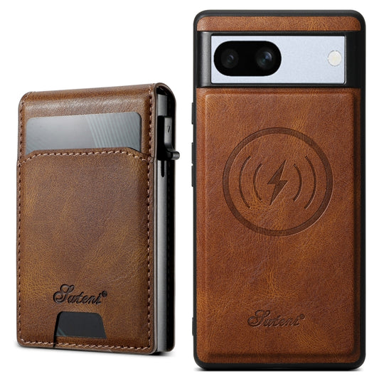 For Google Pixel 7a Suteni H19 Oil Wax 2-in-1 MagSafe Removable Card Box Back Phone Case(Brown) by Suteni
