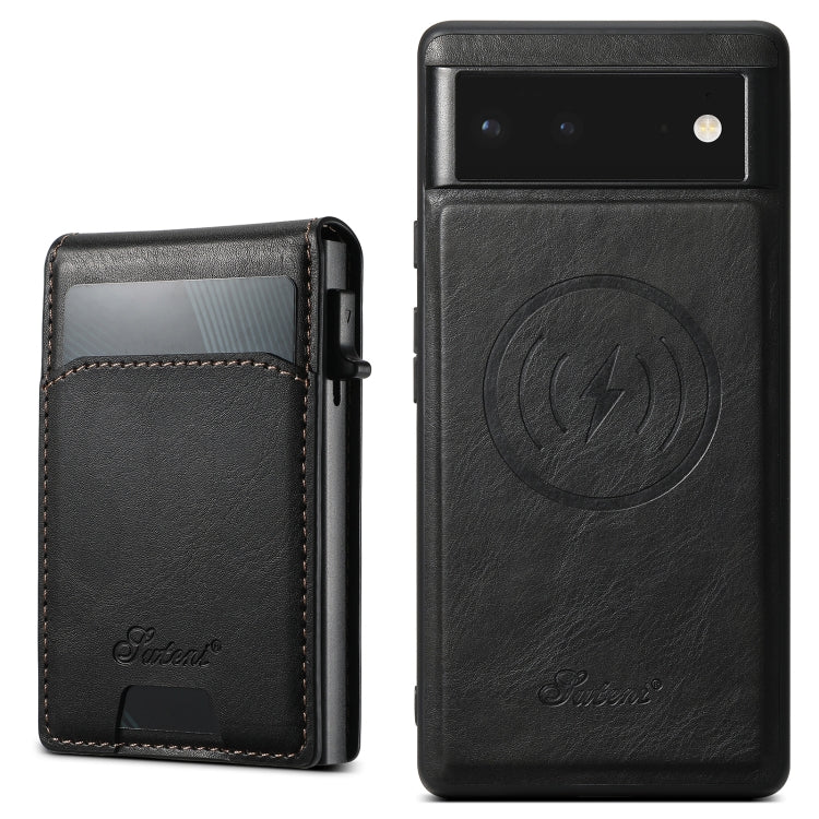 For Google Pixel 6 Suteni H19 Oil Wax 2-in-1 MagSafe Removable Card Box Back Phone Case(Black) by Suteni