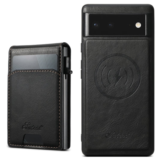 For Google Pixel 6 Suteni H19 Oil Wax 2-in-1 MagSafe Removable Card Box Back Phone Case(Black) by Suteni