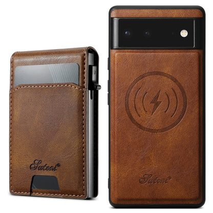 For Google Pixel 6 Suteni H19 Oil Wax 2-in-1 MagSafe Removable Card Box Back Phone Case(Brown) by Suteni