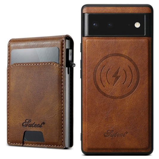 For Google Pixel 6 Suteni H19 Oil Wax 2-in-1 MagSafe Removable Card Box Back Phone Case(Brown) by Suteni