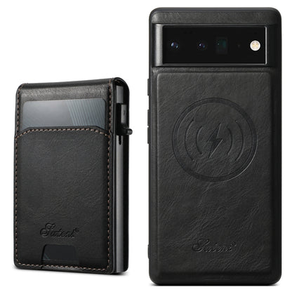 For Google Pixel 6 Pro Suteni H19 Oil Wax 2-in-1 MagSafe Removable Card Box Back Phone Case(Black) by Suteni