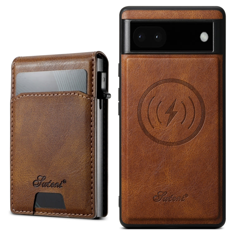 For Google Pixel 6a Suteni H19 Oil Wax 2-in-1 MagSafe Removable Card Box Back Phone Case(Brown) by Suteni