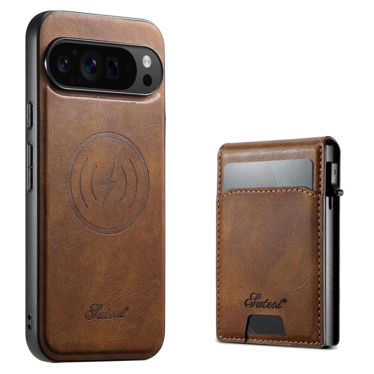 For Google Pixel 10 Suteni H19 Oil Wax 2-in-1 MagSafe Removable Card Box Back Phone Case(Brown) by Suteni