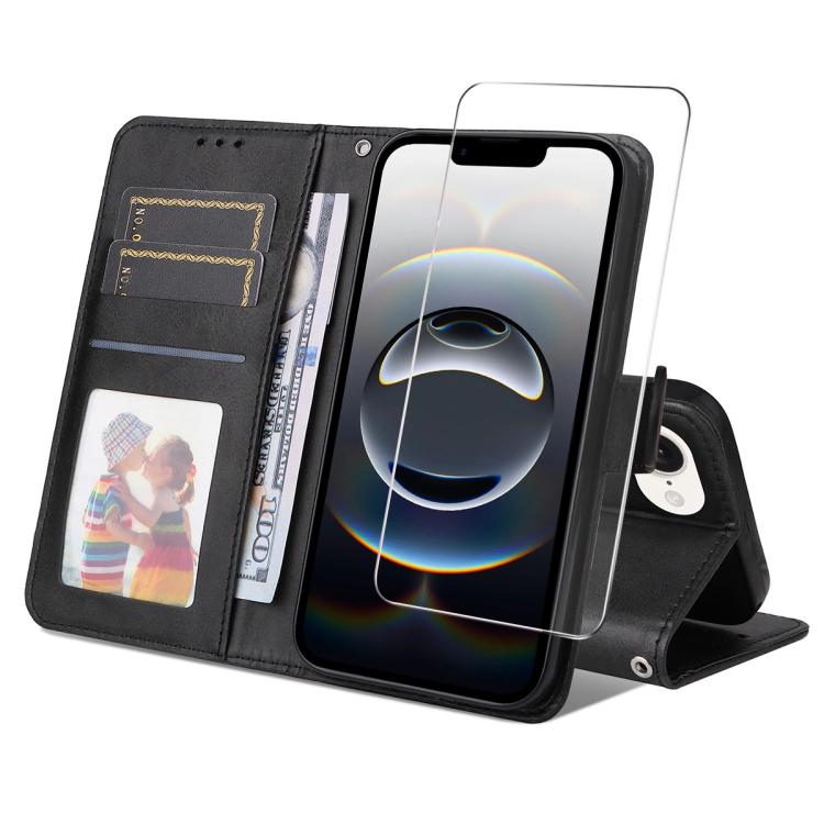 For iPhone 16e ENKAY Card Wallet Calf Texture Leather Phone Case with Screen Film(Black) by ENKAY