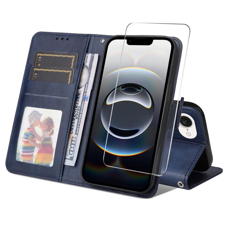 For iPhone 16e ENKAY Card Wallet Calf Texture Leather Phone Case with Screen Film(Blue) by ENKAY