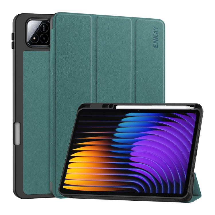 For Xiaomi Pad 7 / 7 Pro 11.2 ENKAY Tri-fold Custer Texture TPU Leather Smart Tablet Case with Pen Slot(Dark Green) by ENKAY
