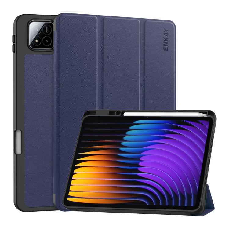 For Xiaomi Pad 7 / 7 Pro 11.2 ENKAY Tri-fold Custer Texture TPU Leather Smart Tablet Case with Pen Slot(Dark Blue) by ENKAY