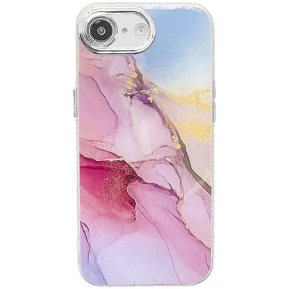For iPhone 16e Electroplated Marble Texture Phone Case(Gold Pink Red M12) by bashfashion