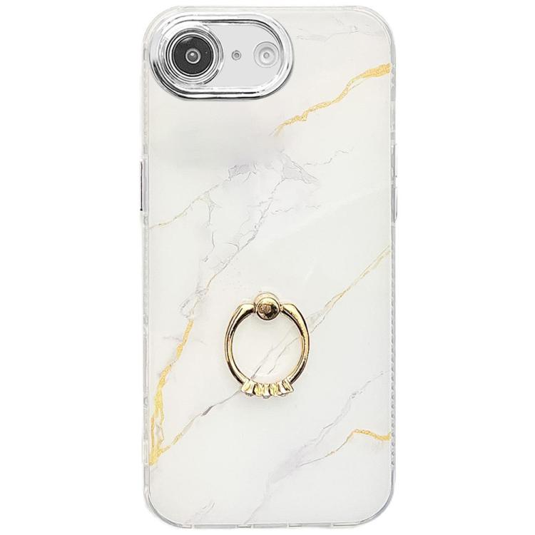For iPhone 16e Electroplated Marble Texture Ring Holder Phone Case(Gold White S1) by bashfashion