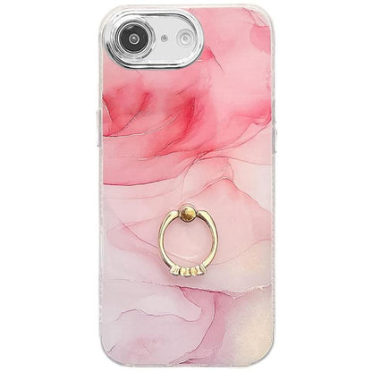 For iPhone 16e Electroplated Marble Texture Ring Holder Phone Case(Pink S2) by bashfashion