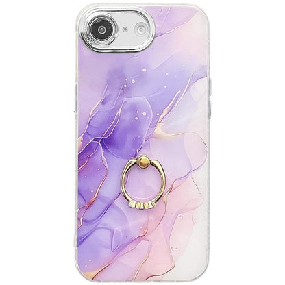 For iPhone 16e Electroplated Marble Texture Ring Holder Phone Case(Purple S3) by bashfashion