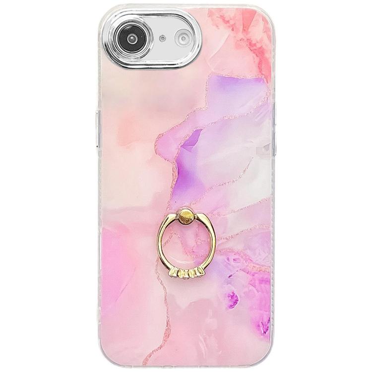 For iPhone 16e Electroplated Marble Texture Ring Holder Phone Case(Pink Purple S4) by bashfashion