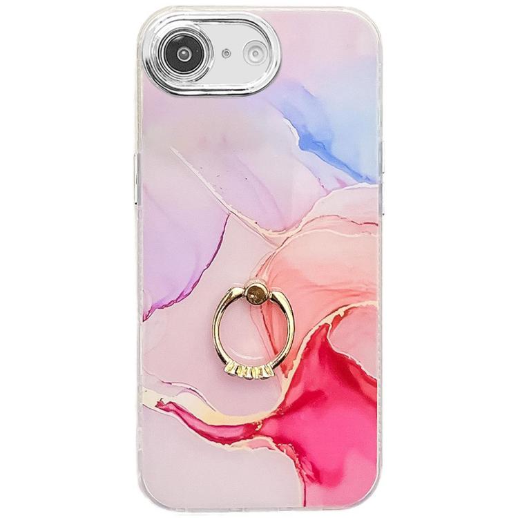 For iPhone 16e Electroplated Marble Texture Ring Holder Phone Case(Red S7) by bashfashion