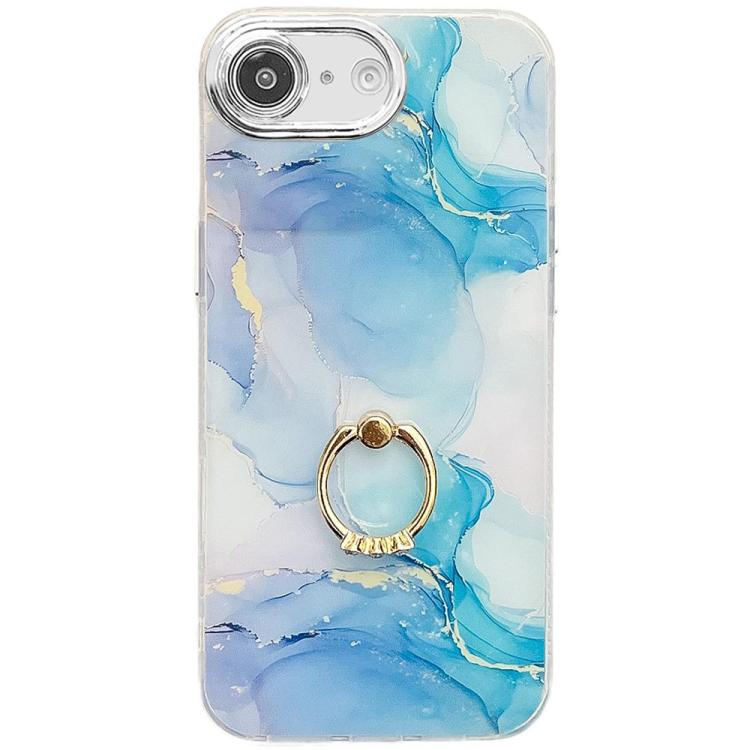 For iPhone 16e Electroplated Marble Texture Ring Holder Phone Case(Blue Green S9) by bashfashion