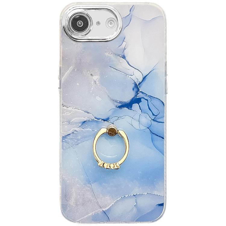 For iPhone 16e Electroplated Marble Texture Ring Holder Phone Case(Blue S11) by bashfashion
