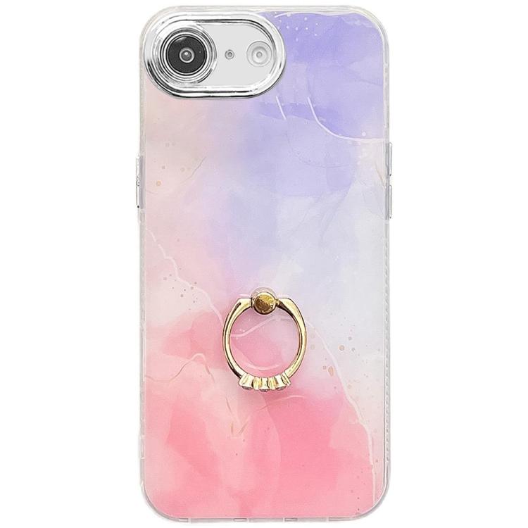 For iPhone 16e Electroplated Marble Texture Ring Holder Phone Case(Purple Pink S14) by bashfashion