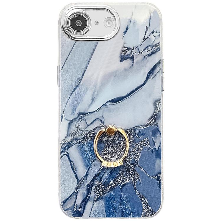 For iPhone 16e Electroplated Marble Texture Ring Holder Phone Case(Navy Blue S17) by bashfashion