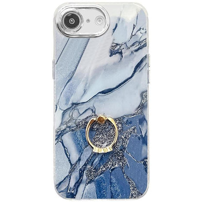 For iPhone 16e Electroplated Marble Texture Ring Holder Phone Case(Navy Blue S17) by bashfashion