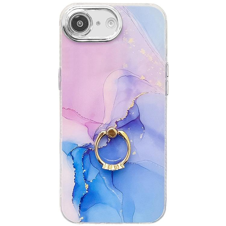 For iPhone 16e Electroplated Marble Texture Ring Holder Phone Case(Purple Blue S18) by bashfashion