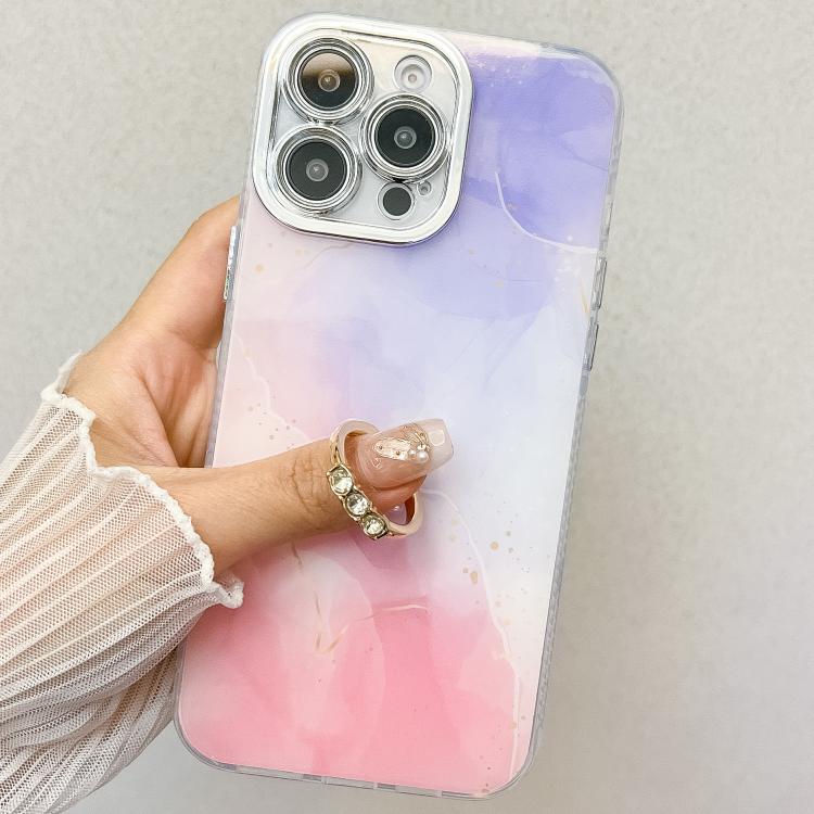 For iPhone 16e Electroplated Marble Texture Ring Holder Phone Case(Pink S2) by bashfashion