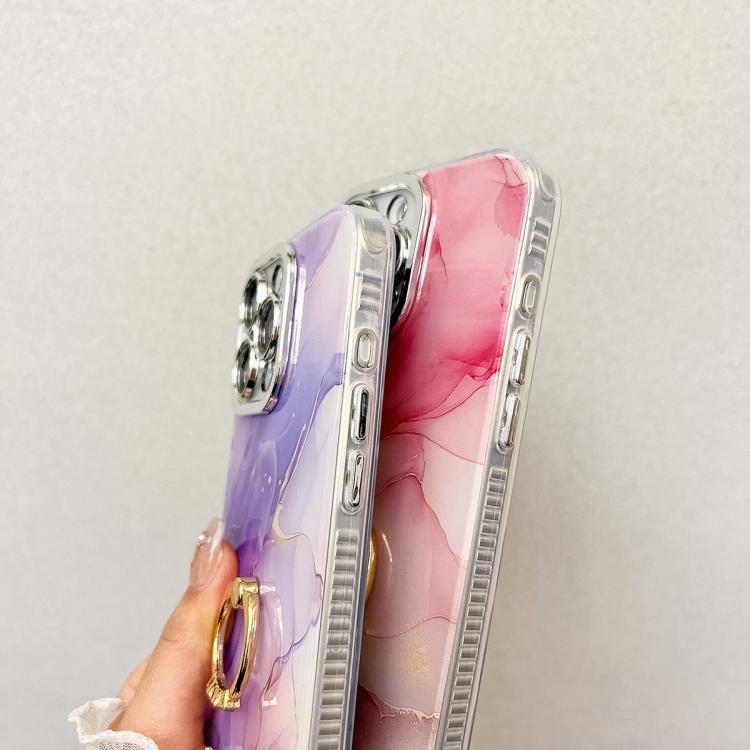 For iPhone 16e Electroplated Marble Texture Ring Holder Phone Case(Purple Pink S14) by bashfashion